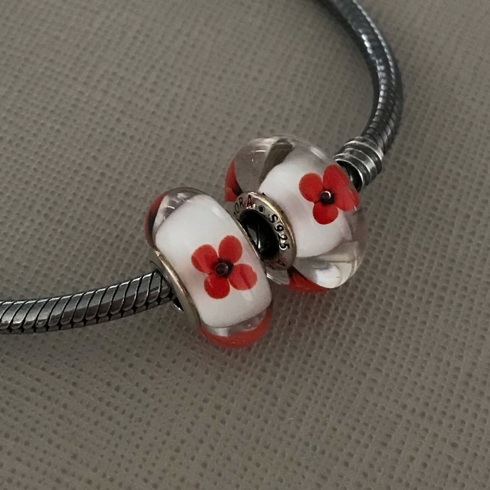 2 Rare Retired Pandora Wild Flower Tribute Murano Glass Charms